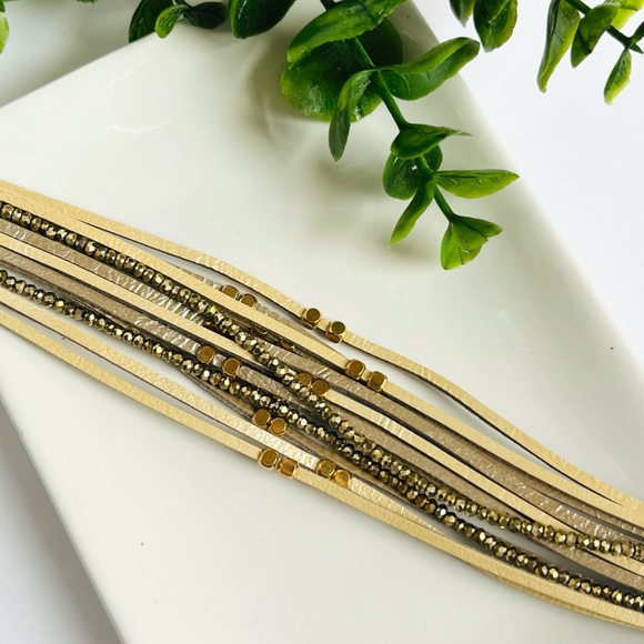 Champagne Beaded Leather Wrap Bracelet - Picture 6 of 7